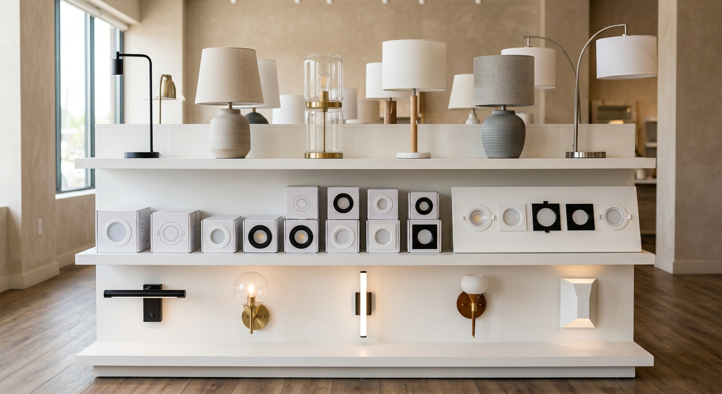 Shelves of table lamps, downlights and wall lights on display