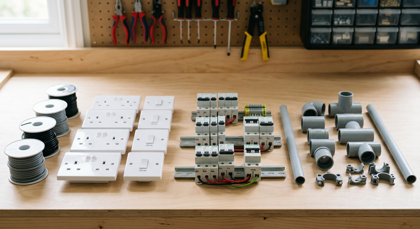 Cable reels, switches and circuit breakers arranged on a workbench