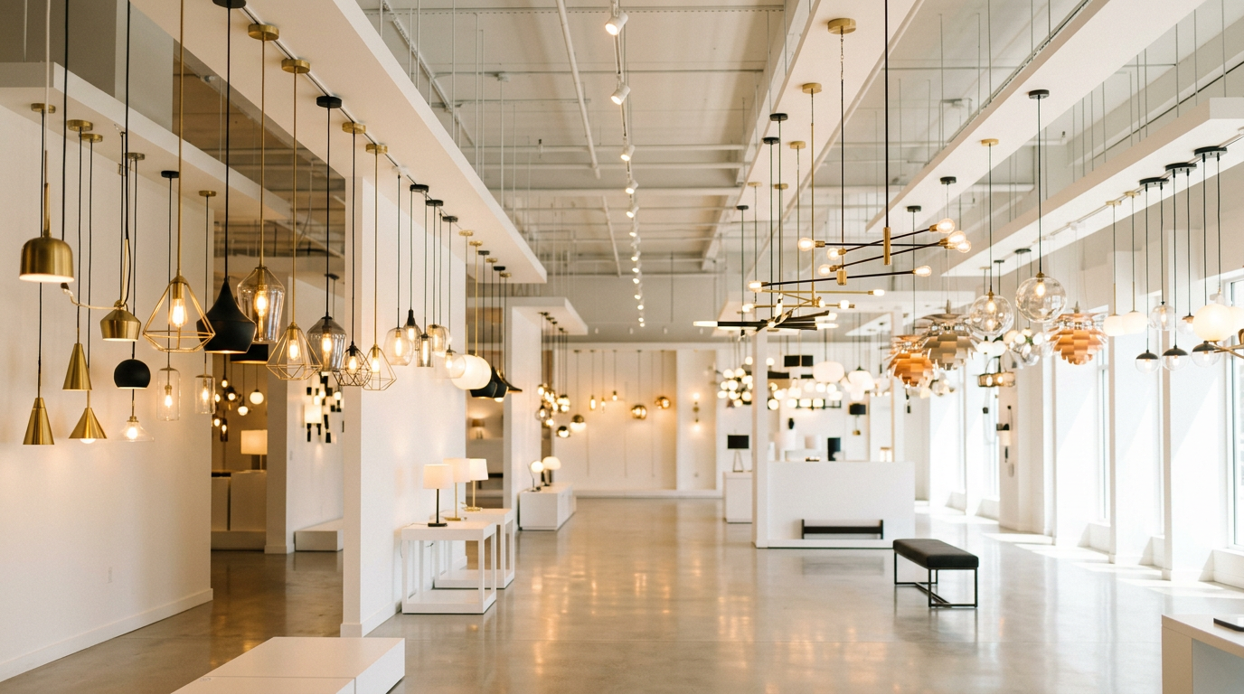 Bright lighting showroom with rows of pendant lights and chandeliers